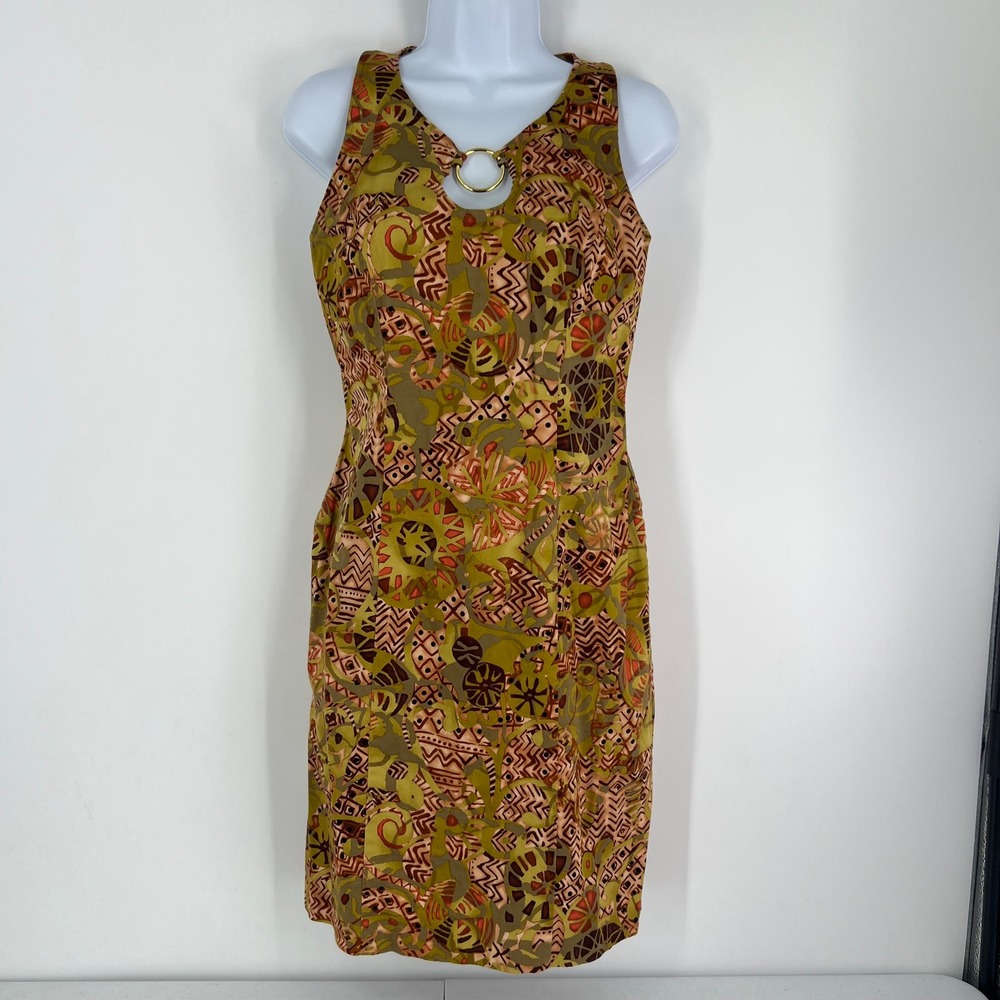 Vintage Abstract Tribal Print Sheath Dress Size 4 Olive Brown Ring Neck Boho
